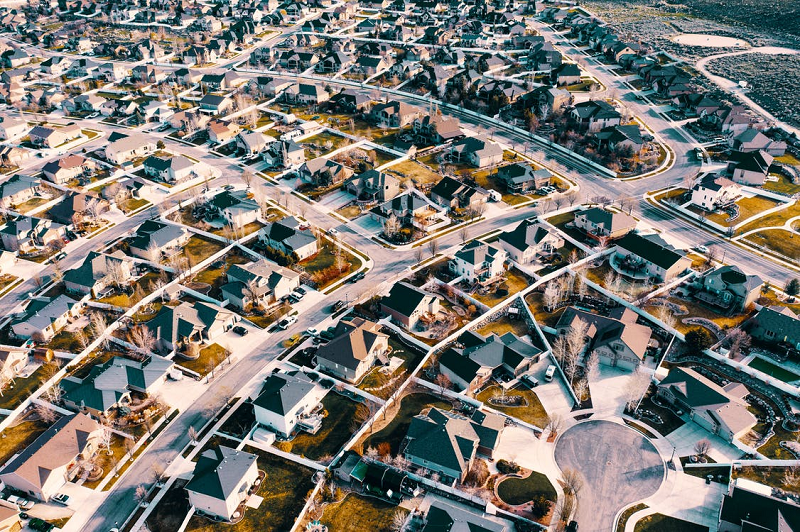 overhead view of suburban neighborhood