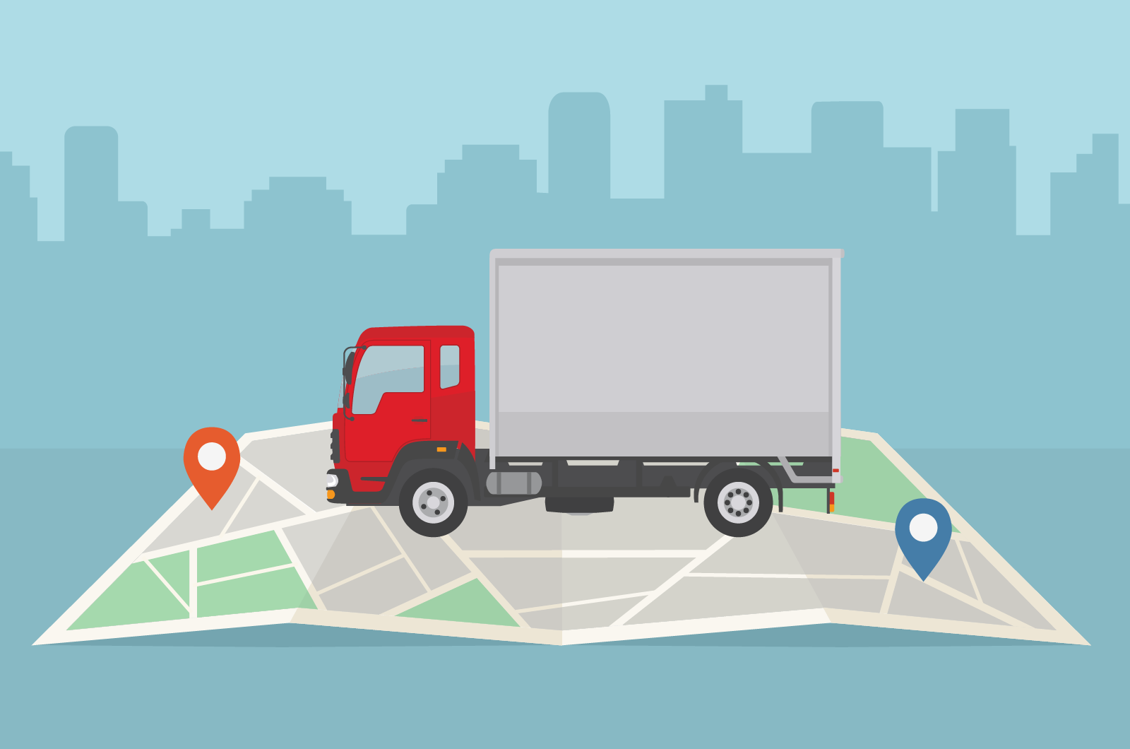 Delivery truck and map on city background