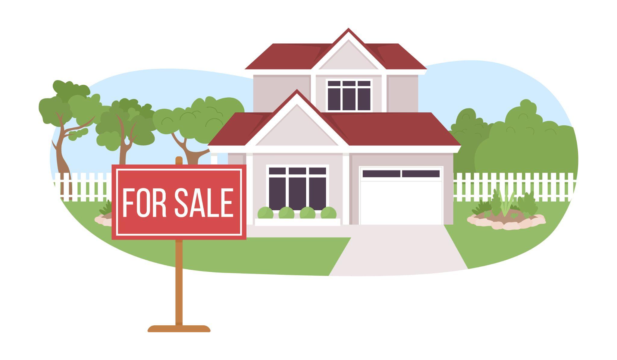 Private house sale 2D vector isolated illustration. Residential buildings flat landscape on cartoon background.
