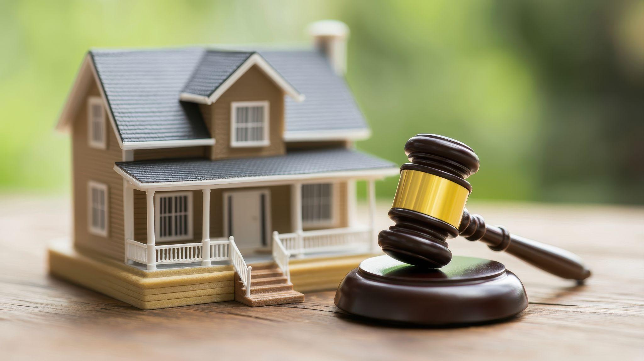 House miniature and legal gavel representing home foreclosure
