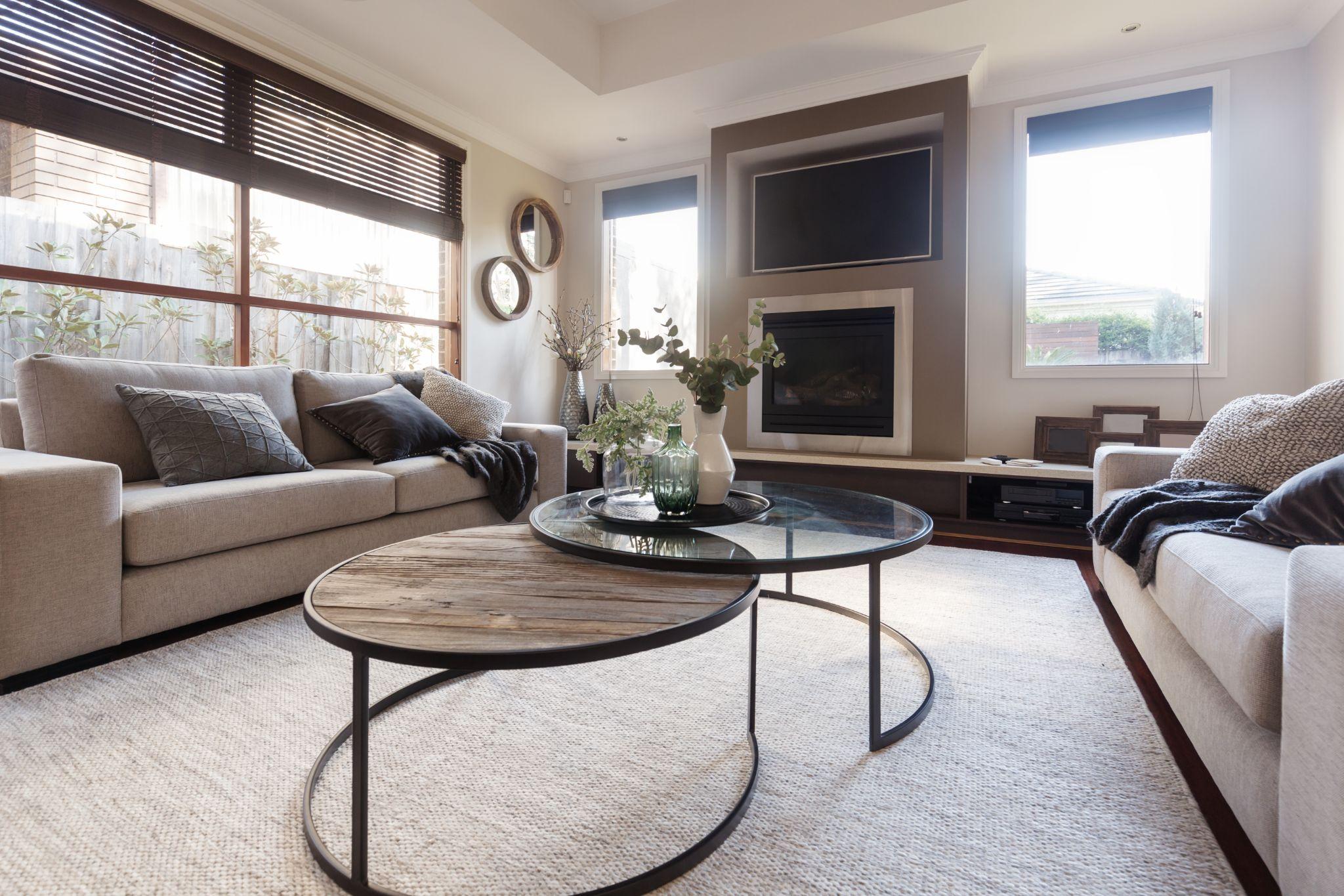 Designer family home casual living room in neutral tones and textures