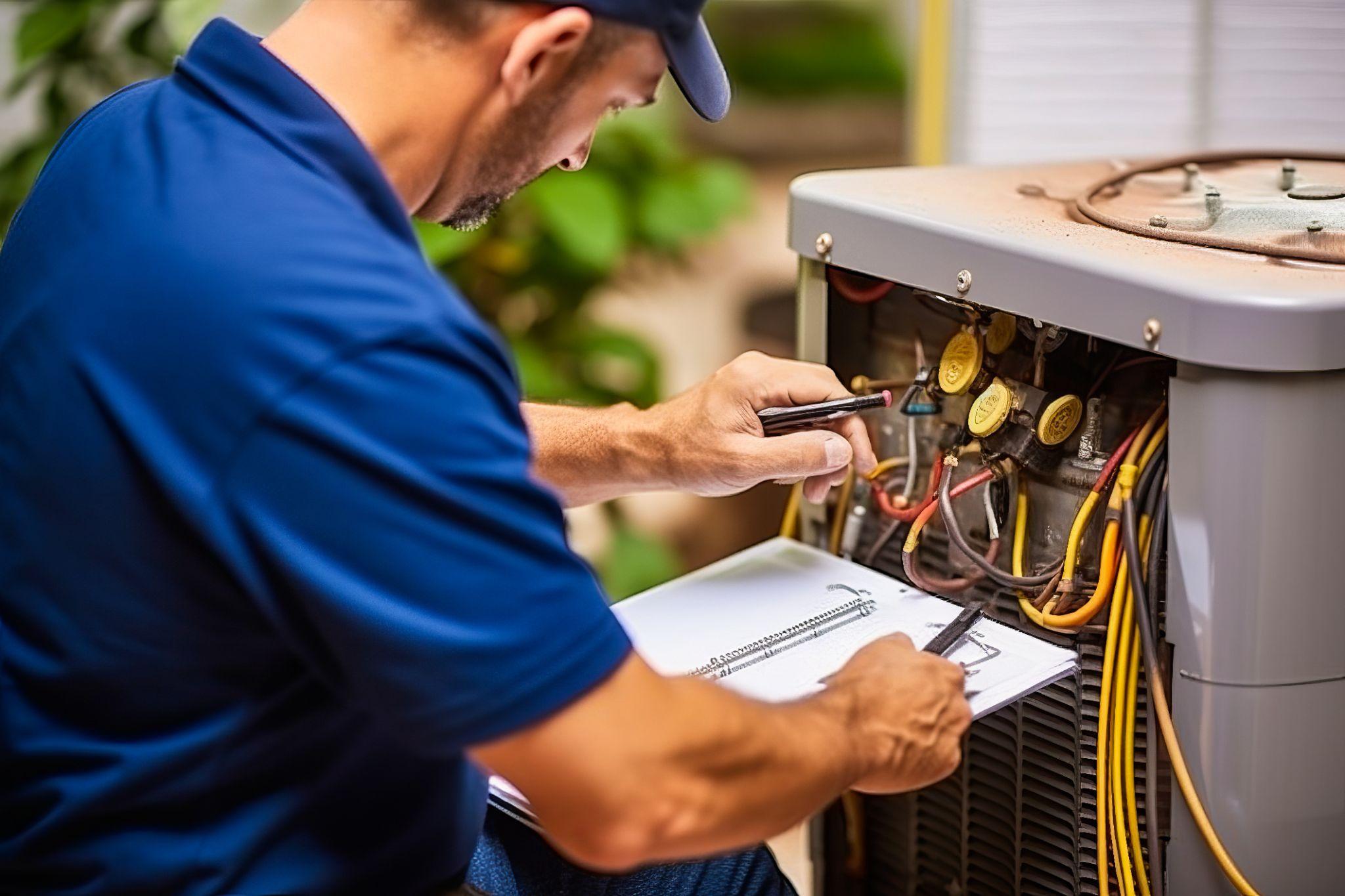 Efficient HVAC technician thoroughly inspecting a home air conditioning unit, holding clipboard in cool color indoor setting.