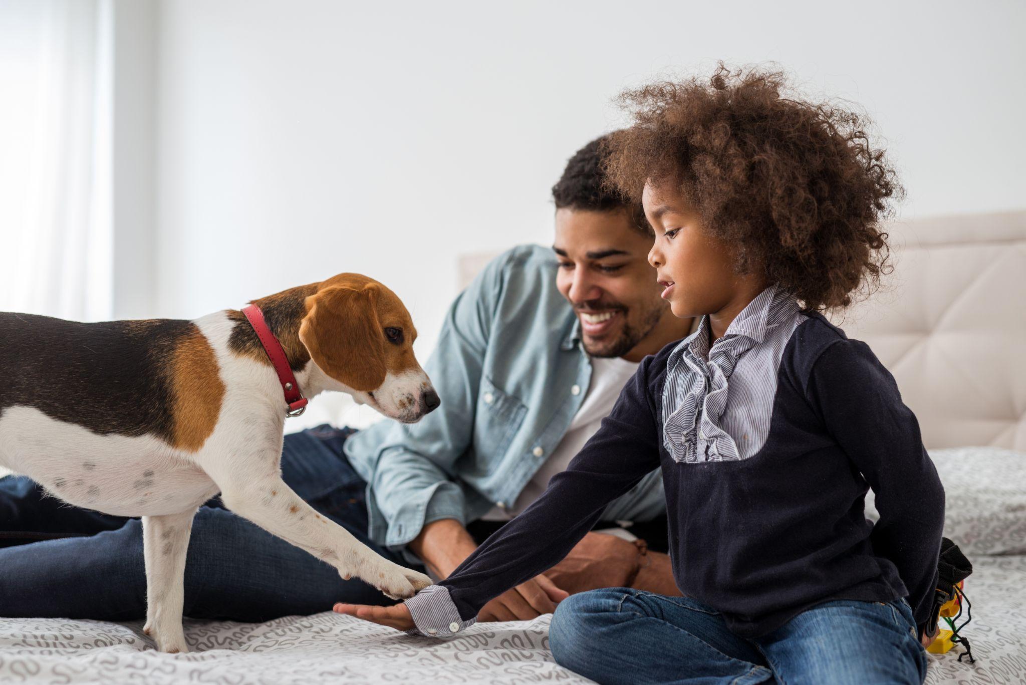 Father and daughter with their dog thinking about selling their home