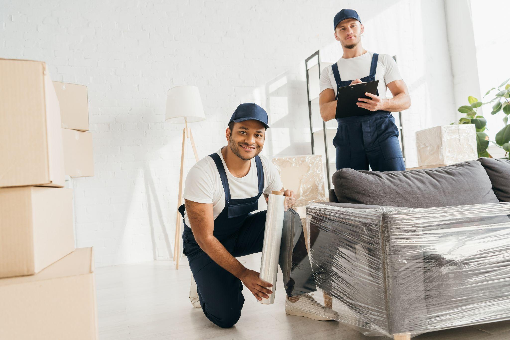 Happy mover in cap holding stretch film roll near sofa and worker with clipboard