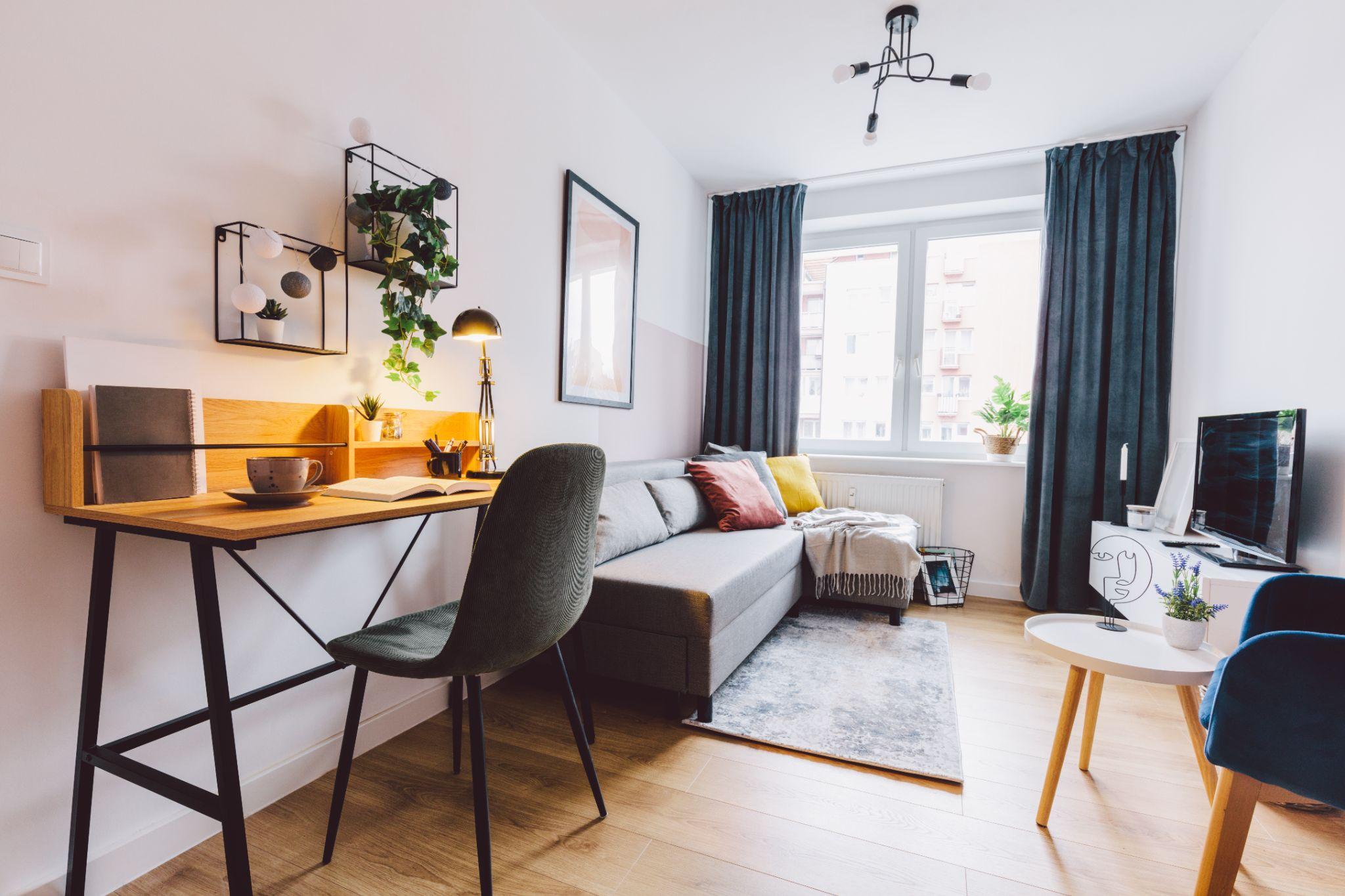 Interior of small apartment living room for home office.