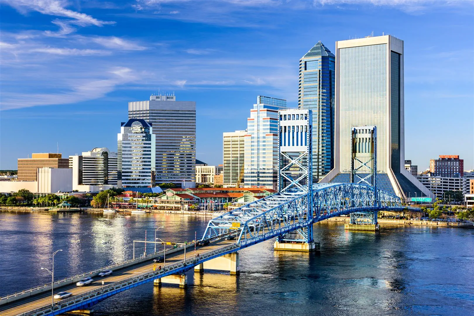 Skyline of a city with diverse skyscrapers under a clear blue sky. A prominent steel bridge spans the foreground over a reflective river, conveying urban vibrancy.