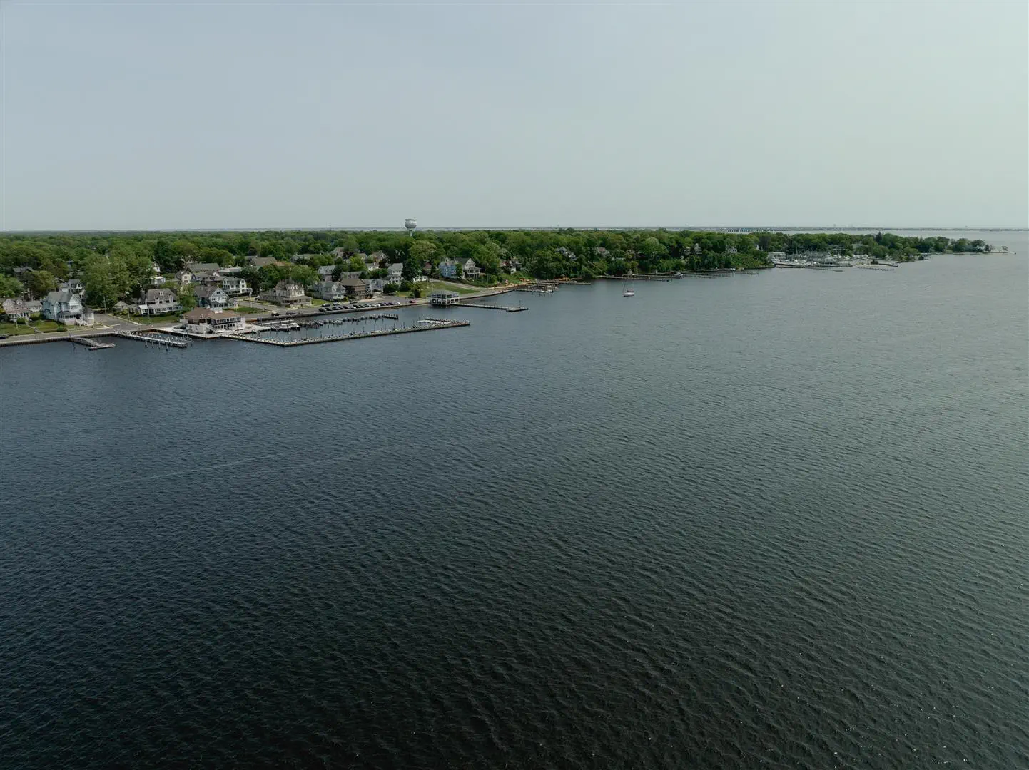 Aerial view of a calm shoreline with a cluster of houses among lush greenery. Several docks extend into the vast, tranquil waters, under an overcast sky.